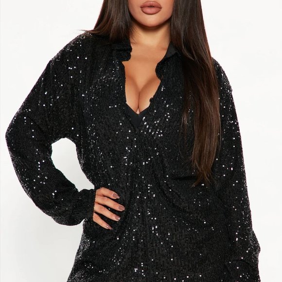 NWT Fashion Nova Lumina Sequin Shirt Dress - Black - Picture 2 of 3